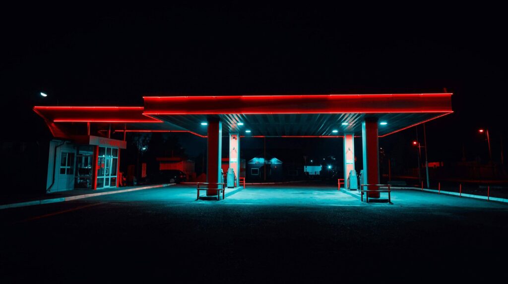 petrol station at night